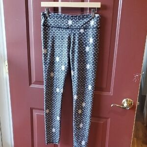 Fabletics Black and Cream Leggings with Polka Dot Print and Wide Waistband